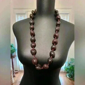 Vintage Hawaiian Black Kukui Nut Necklace Ribbon Hand Knotted